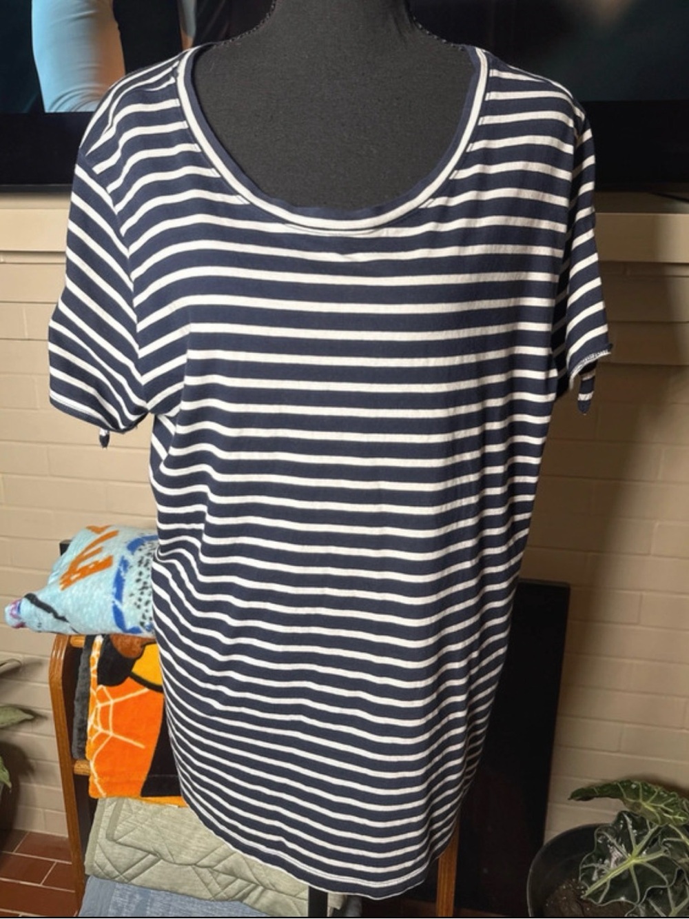 Nautica Navy and White Striped Scoop Neck Tee